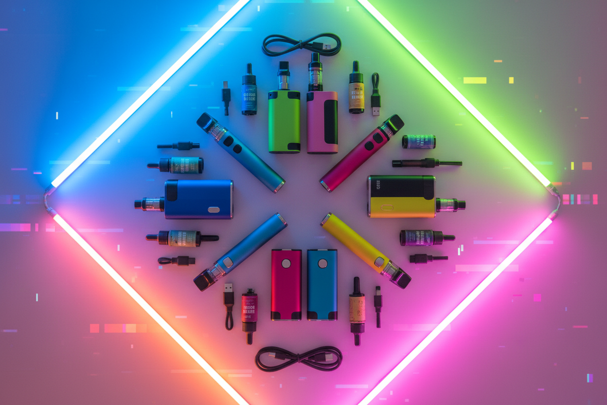 Colorful vape flat lay arrangement